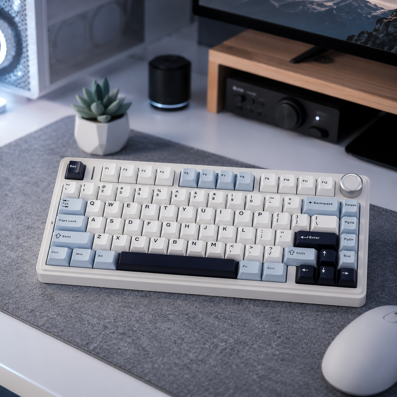 retro style keyboard in the F75 series sits on a desk with a mouse, plant and computer monitor