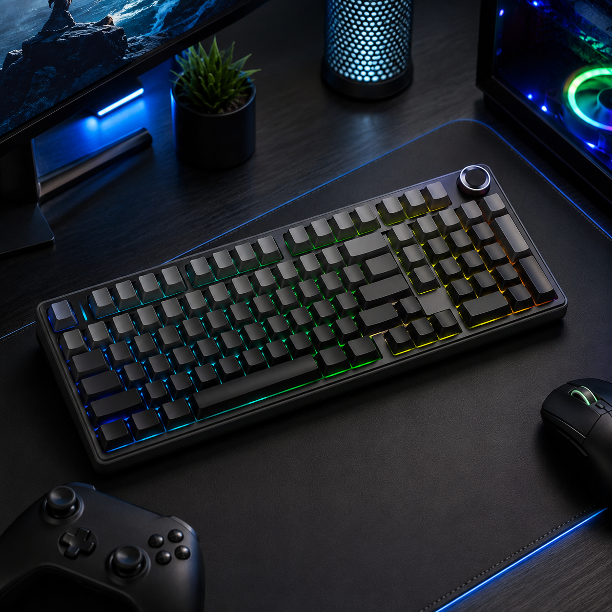 a dark gray and black gradient keyboard sits on a desk in a dark gaming room, rgb backlit glowing