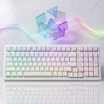 new arrivals image of a white keyboard with rgb lighting and a futuristic background