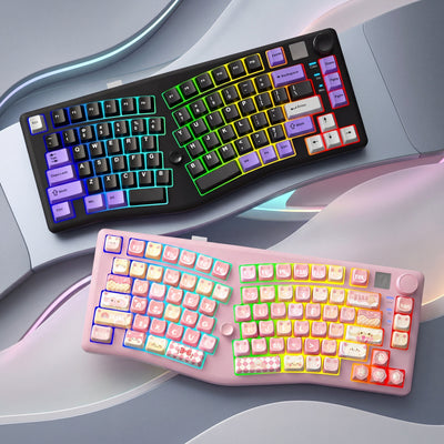 LEOBOG and AULA's ergonomic keyboards, showing two styles of split keyboards on flowing curved contours
