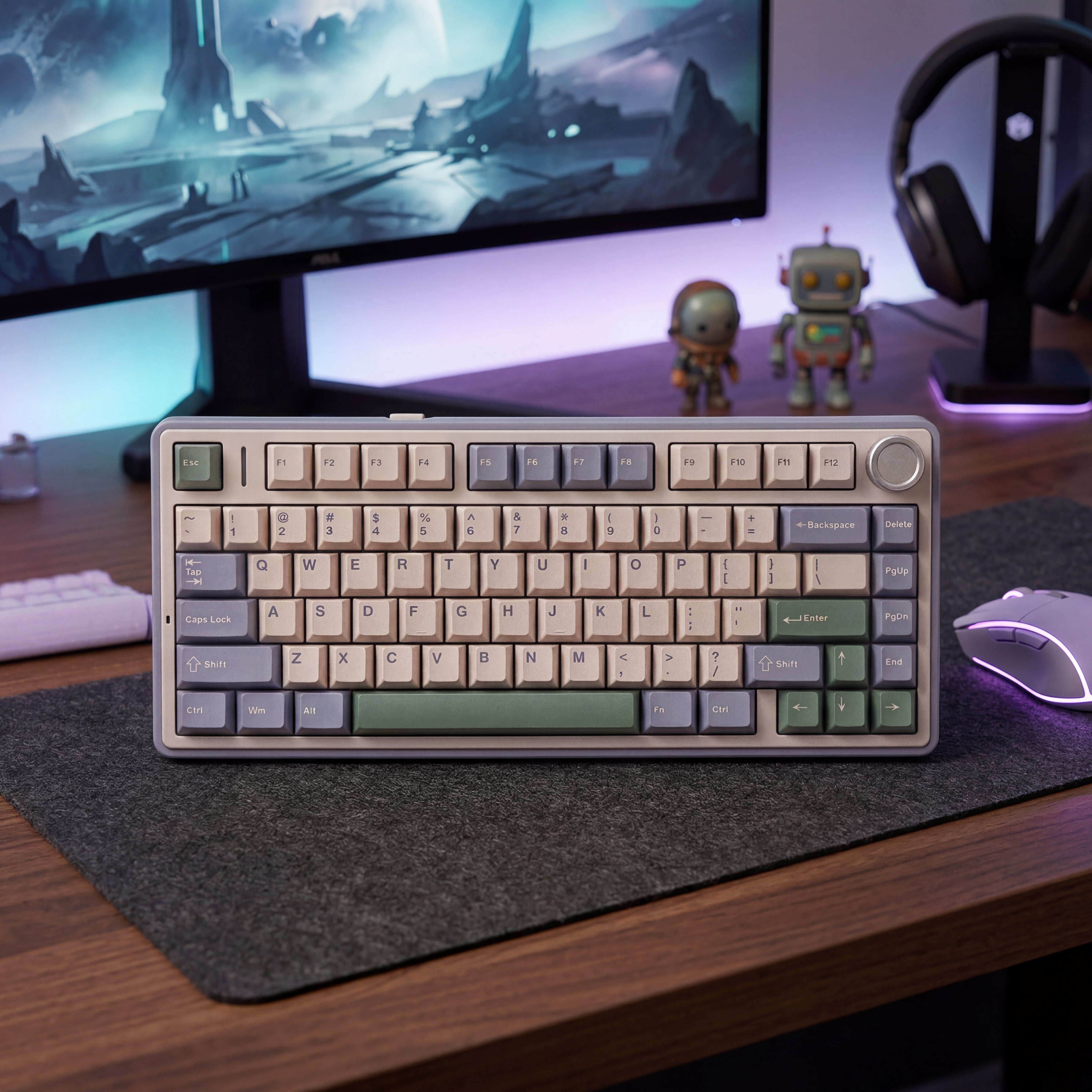 a retro keyboard at 75% layout is shown displayed on a gamers desk