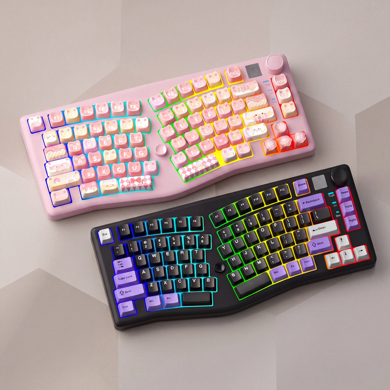 Two A75 keyboards, one pink and one black, with colorful backlighting on a light gray background.