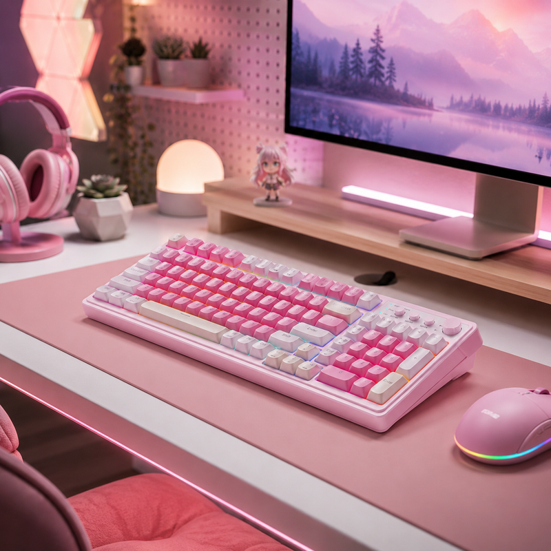 Pink Aula keyboard with pink mouse on a pink and white desk. 