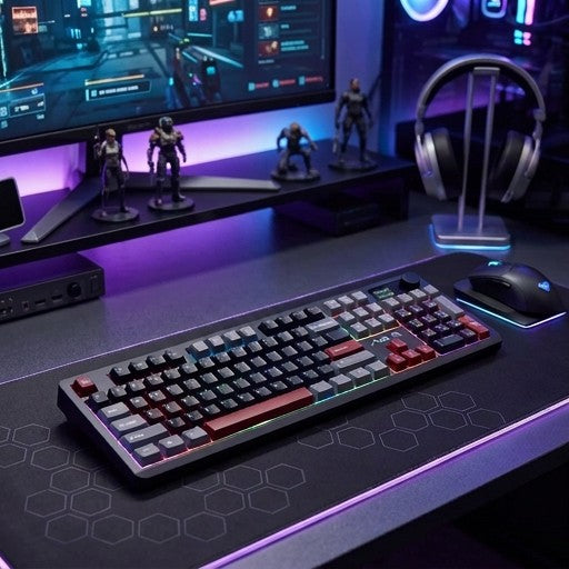 Gaming setup with F106 series keyboard, mouse, monitor, and figurines on a desk.