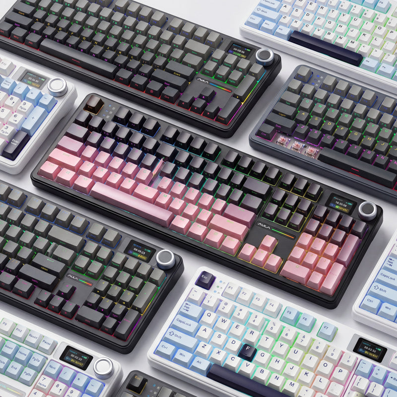 The F108 collection showing various mechanical keyboards on a white surface