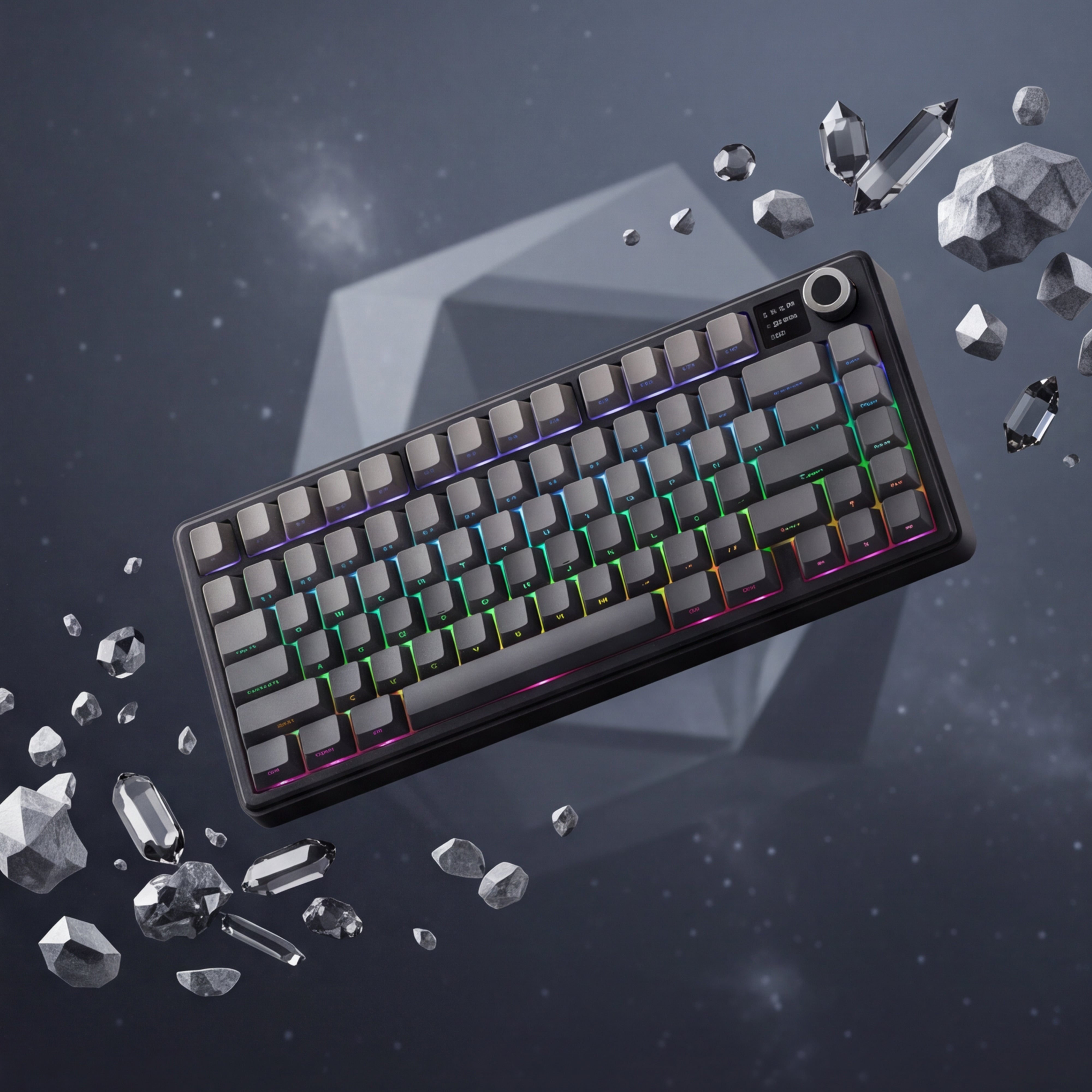 Mechanical keyboard with RGB lighting surrounded by geometric shapes on a dark background