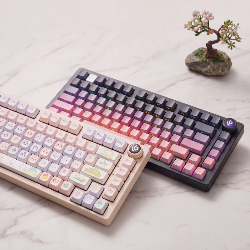 Two HI75 mechanical keyboards on a marble surface.