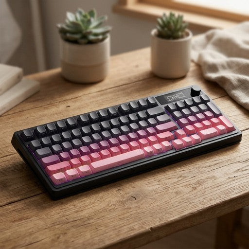 S99 pro Mechanical keyboard with gradient keycaps on a wooden desk