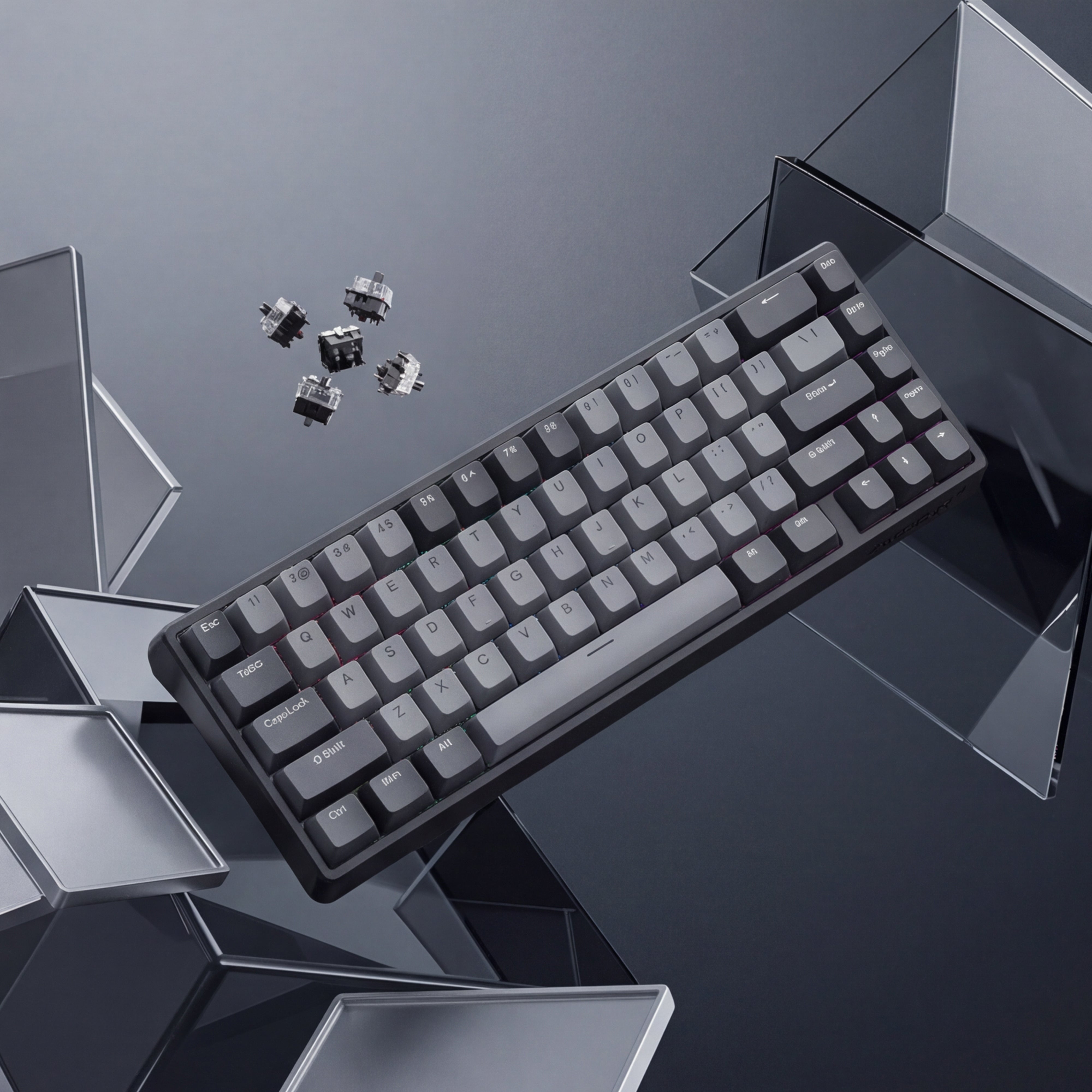 Mechanical keyboard with keycaps on a reflective surface