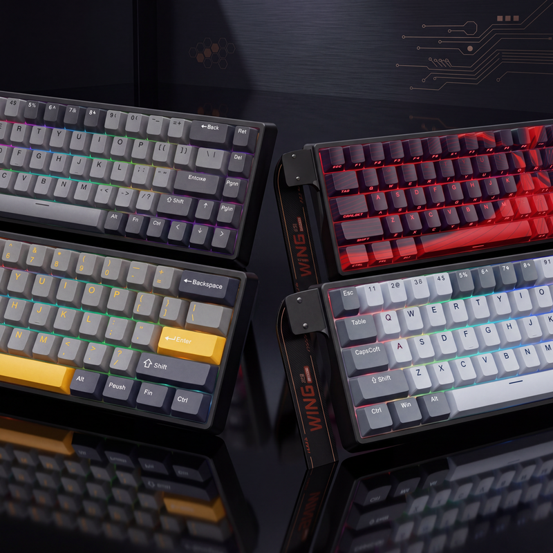 Four different WIN keyboards on a dark surface with a circuit board design in the background.