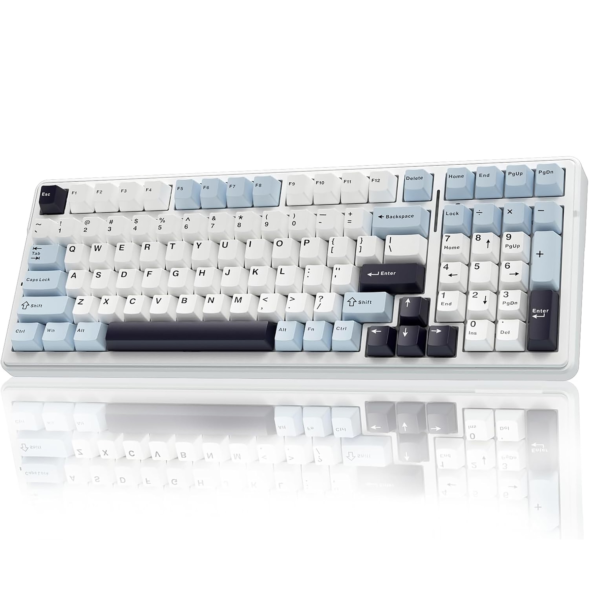 Mechanical keyboard with blue and black keys on a white background
