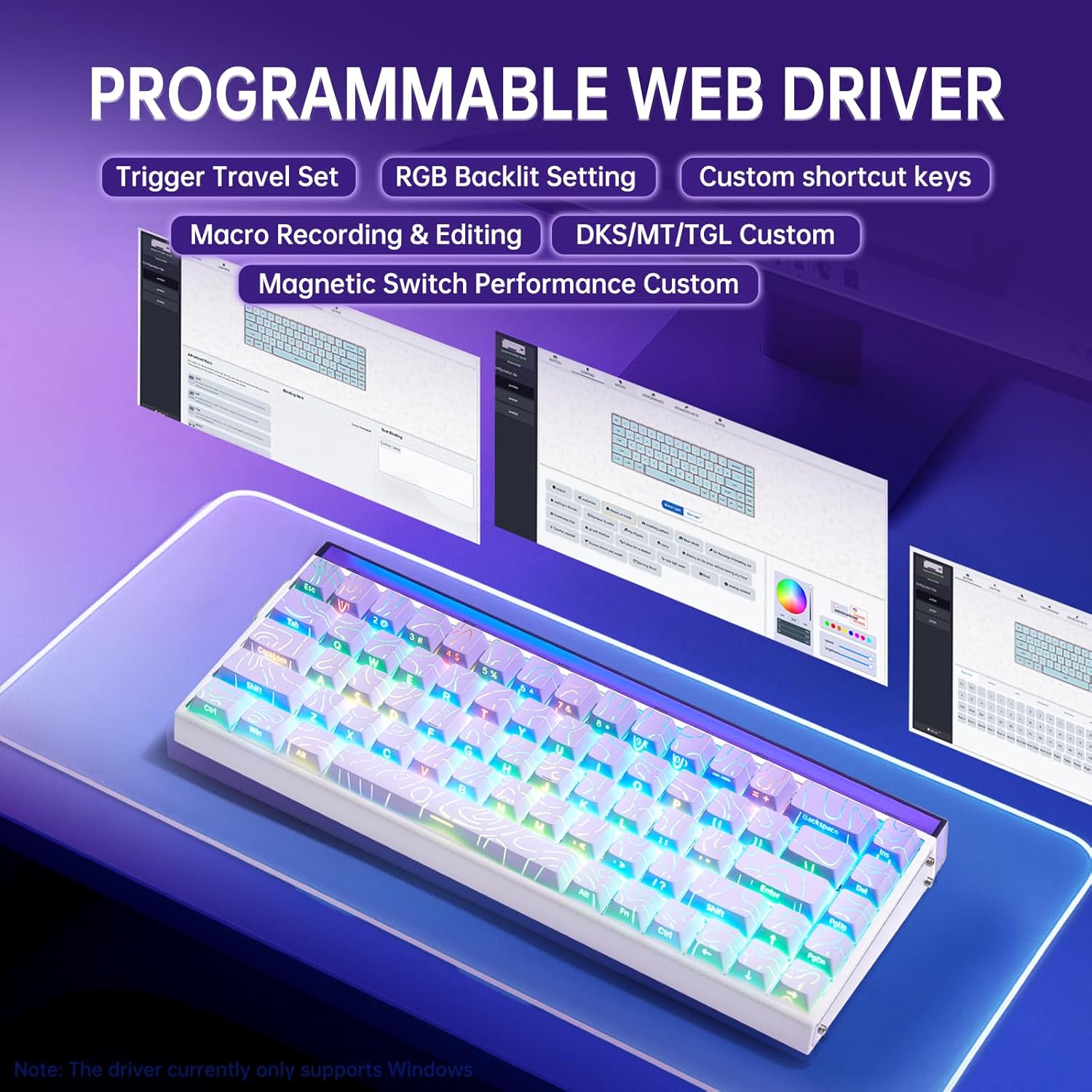 Programmable web driver setup with a keyboard on a purple background