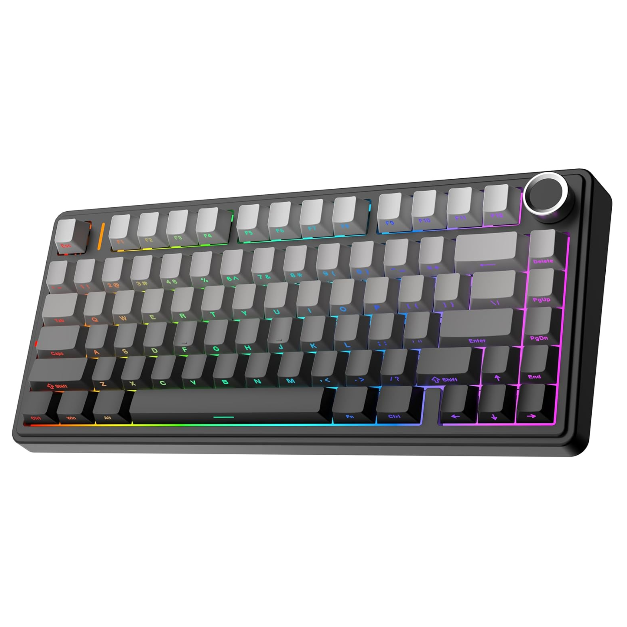 Black mechanical keyboard with RGB lighting on a white background