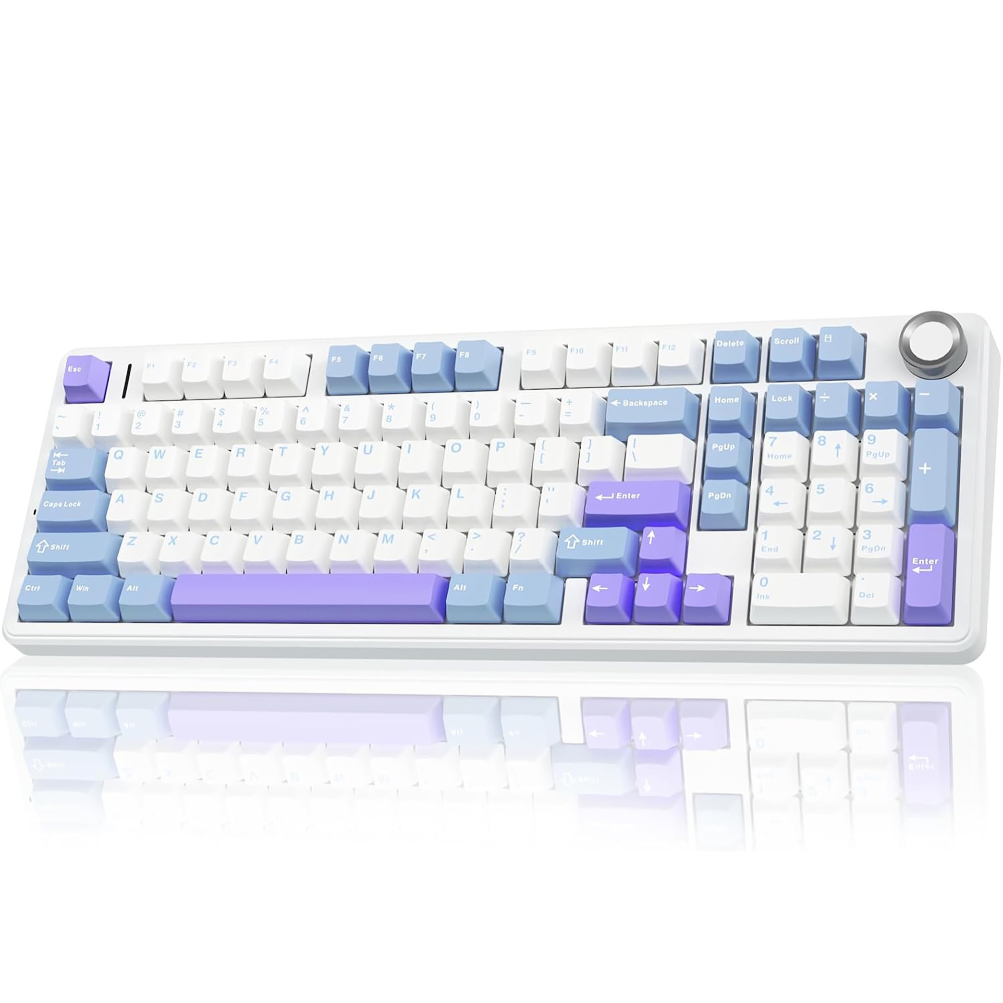 Keyboard with purple and white pastel-colored keys on a white background
