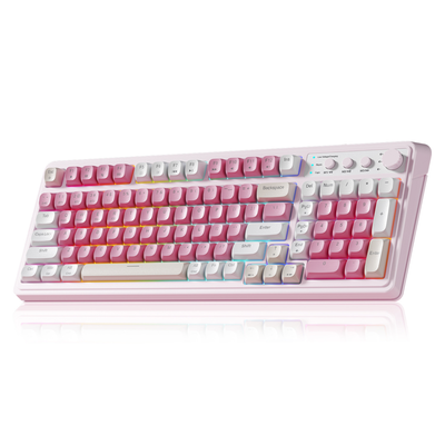 Pink and white mechanical keyboard on a white background