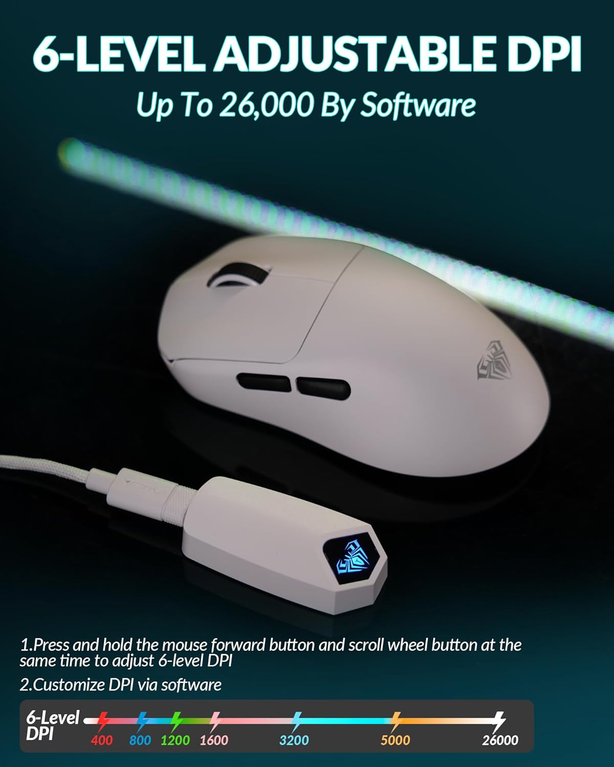 White gaming mouse with DPI adjustment feature on a dark background