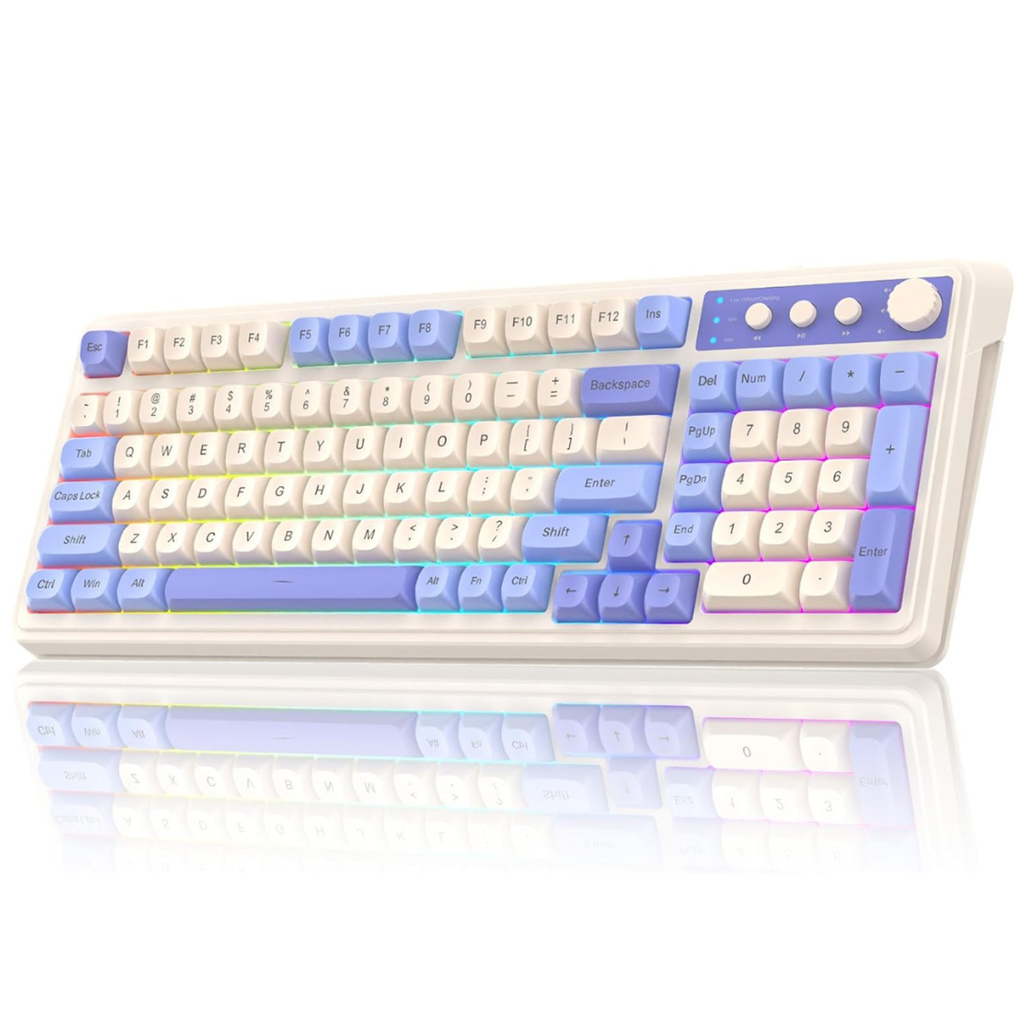 Keyboard with purple and white keys on a white background
