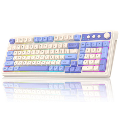 Keyboard with purple and white keys on a white background
