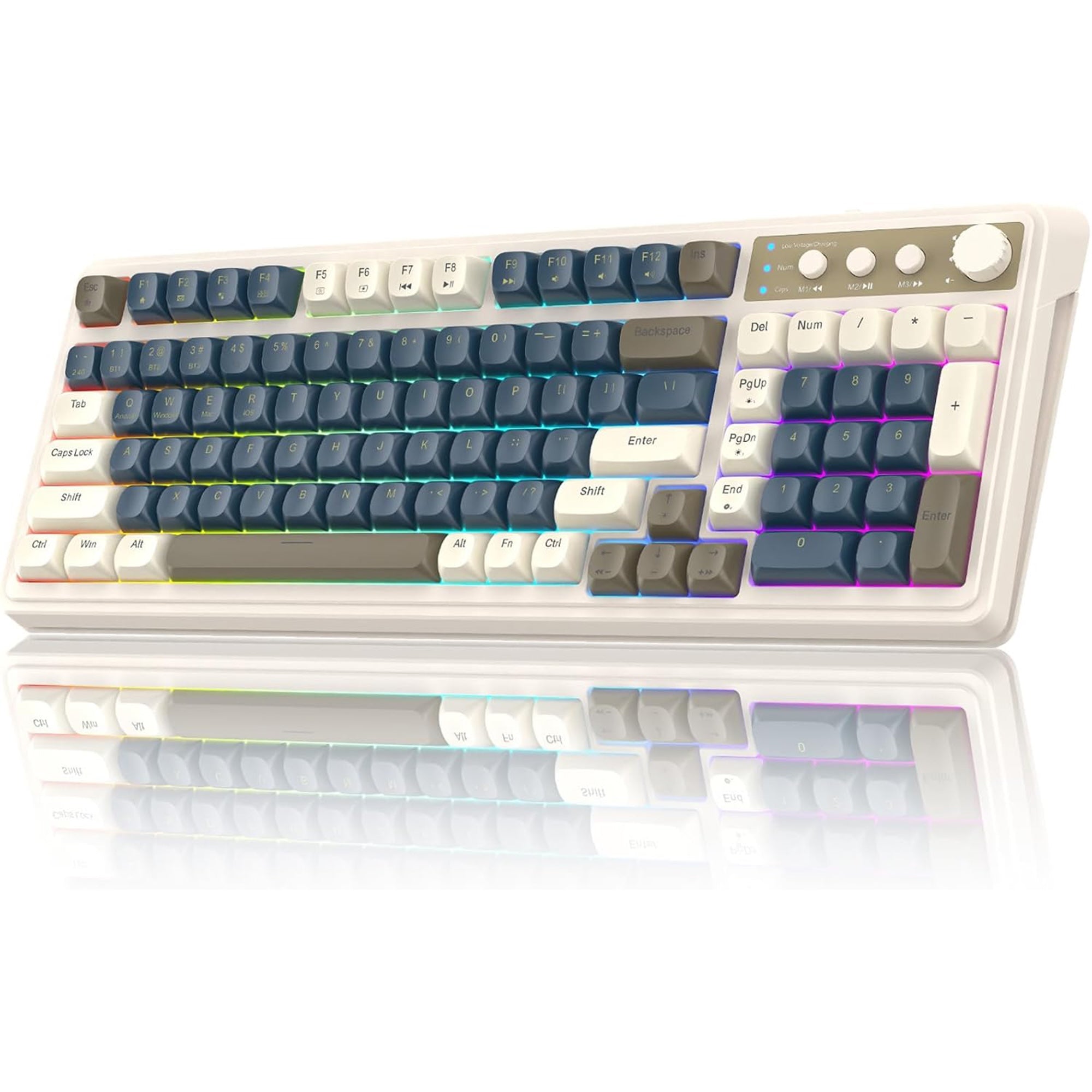 Mechanical keyboard with blue and white keys on a white background

