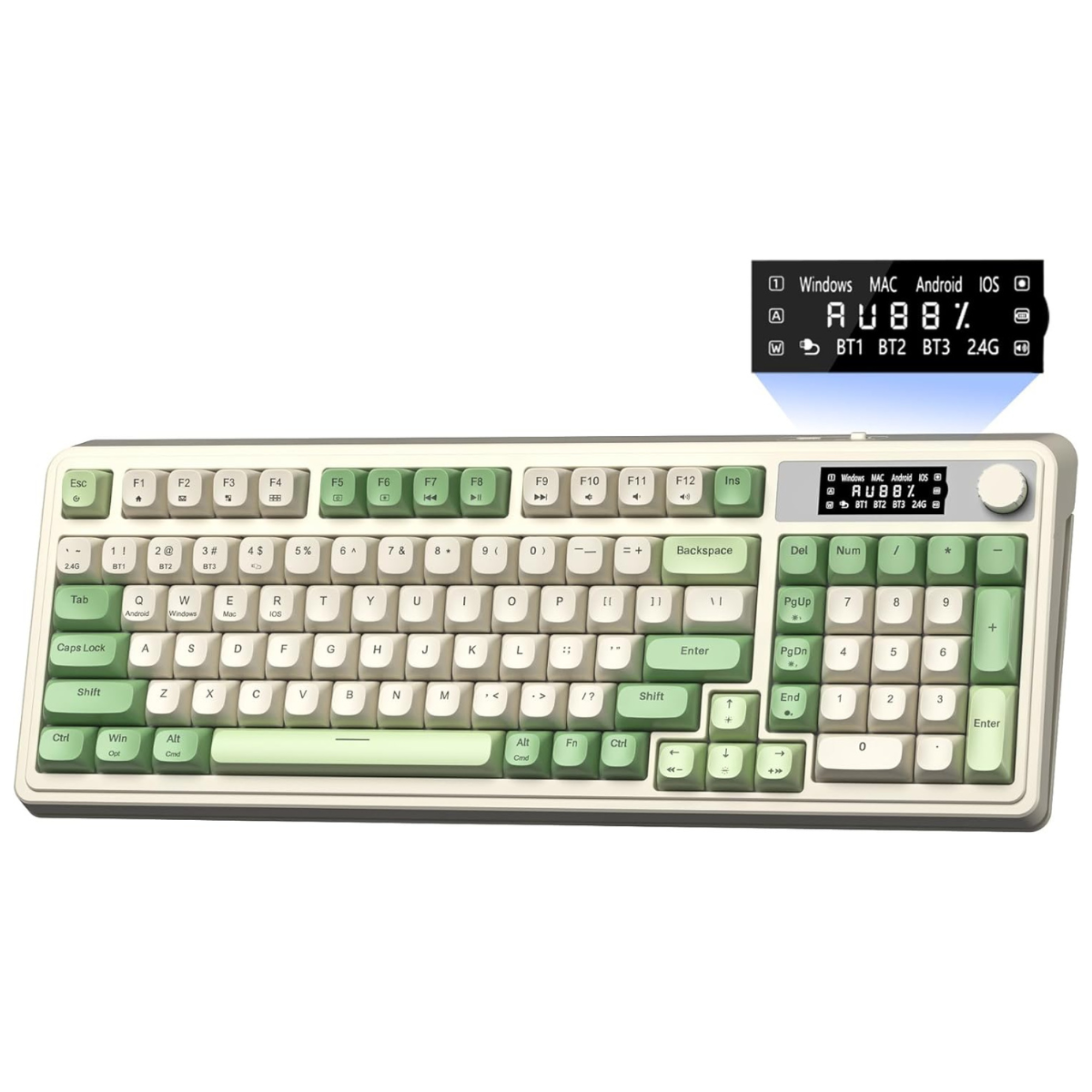 Mechanical keyboard with green and white keys on a white background
