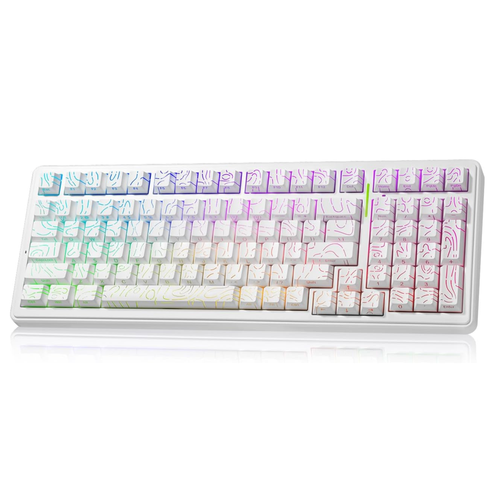 Gaming keyboard with white frame and multicolor keys on a white background
