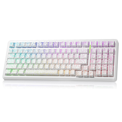 Gaming keyboard with white frame and multicolor keys on a white background
