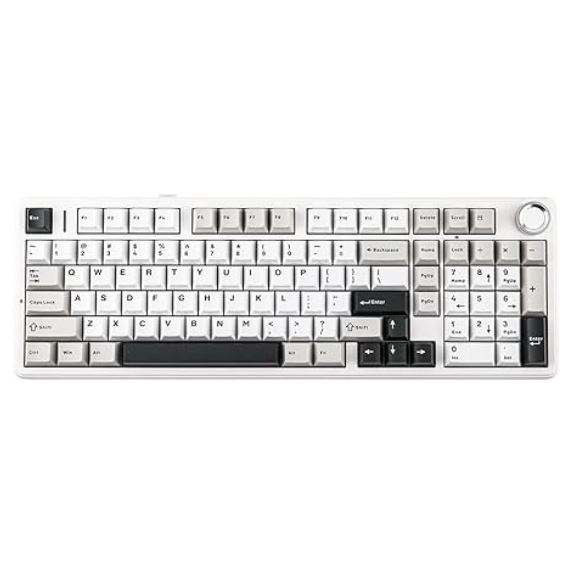 Mechanical keyboard with white keycaps on a black background
