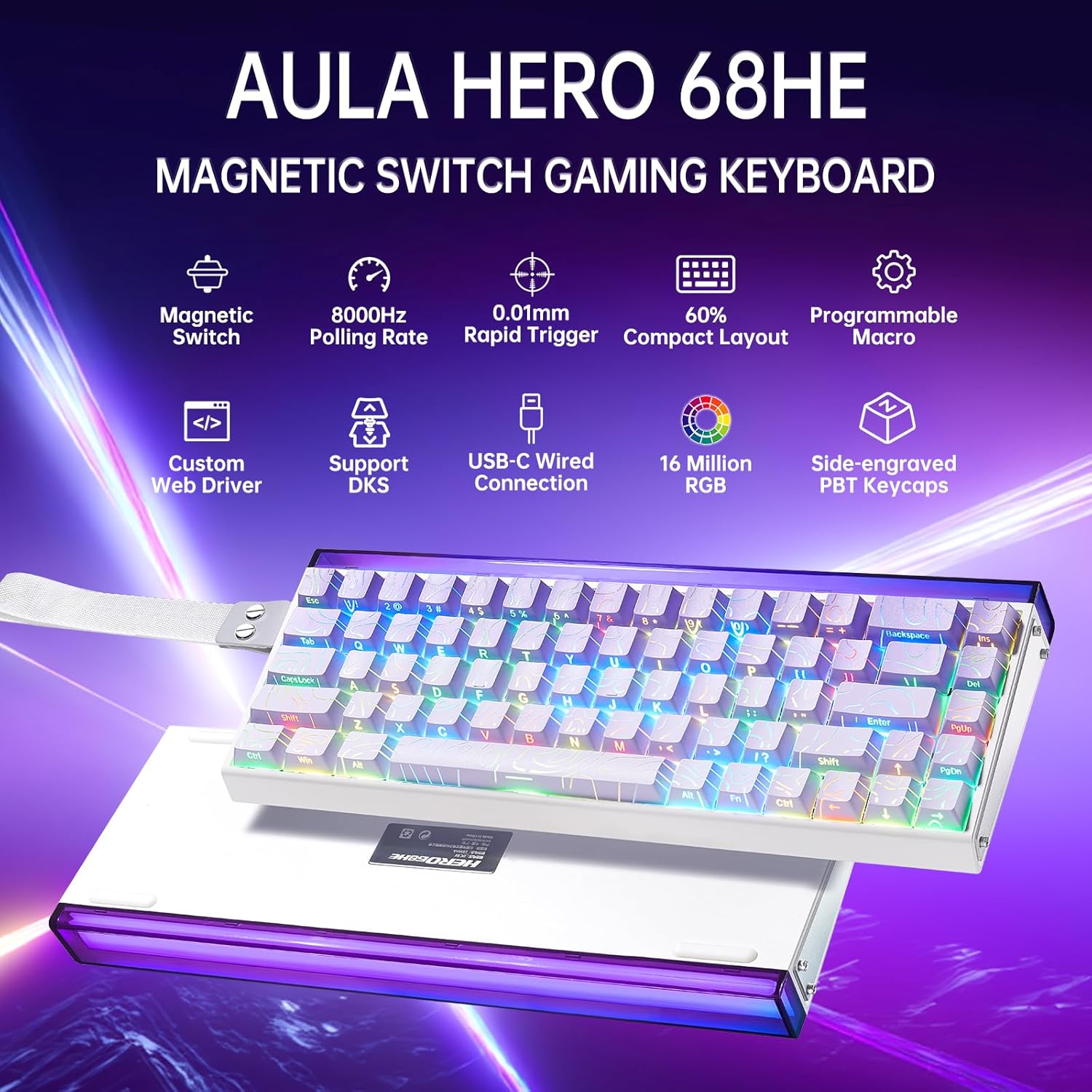 Aula Hero 68HE gaming keyboard with features listed on a purple background
