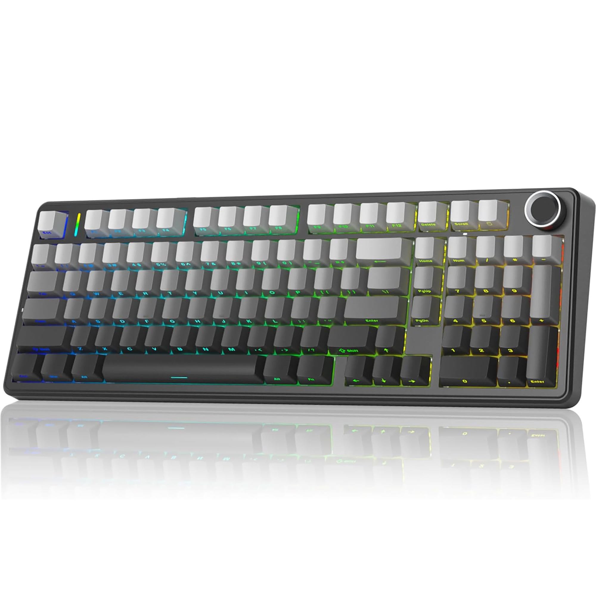 Black and gradient grey mechanical keyboard with RGB lighting on a white background
