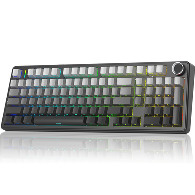 Black and gradient grey mechanical keyboard with RGB lighting on a white background
