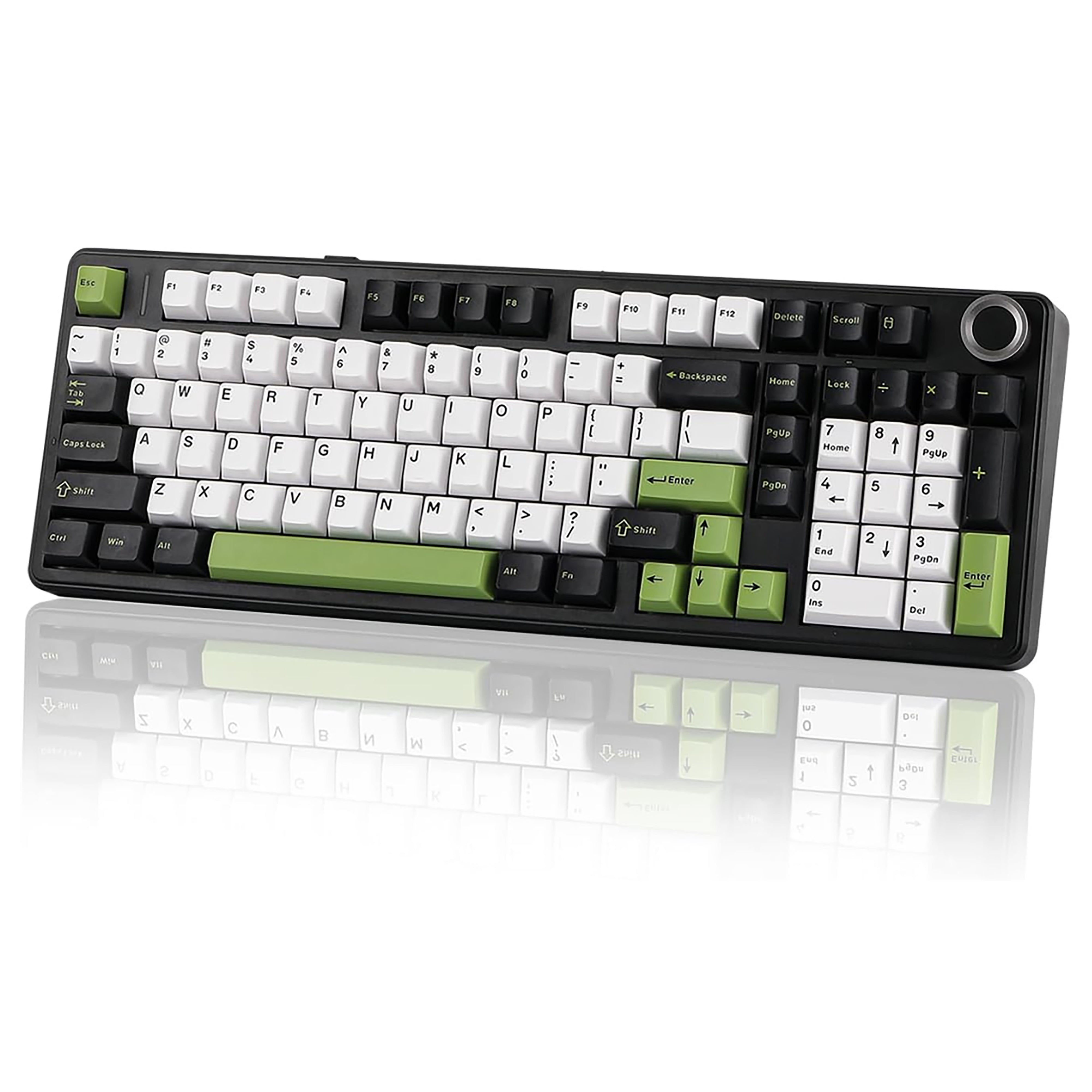 Mechanical keyboard with green and black keys on a white background
