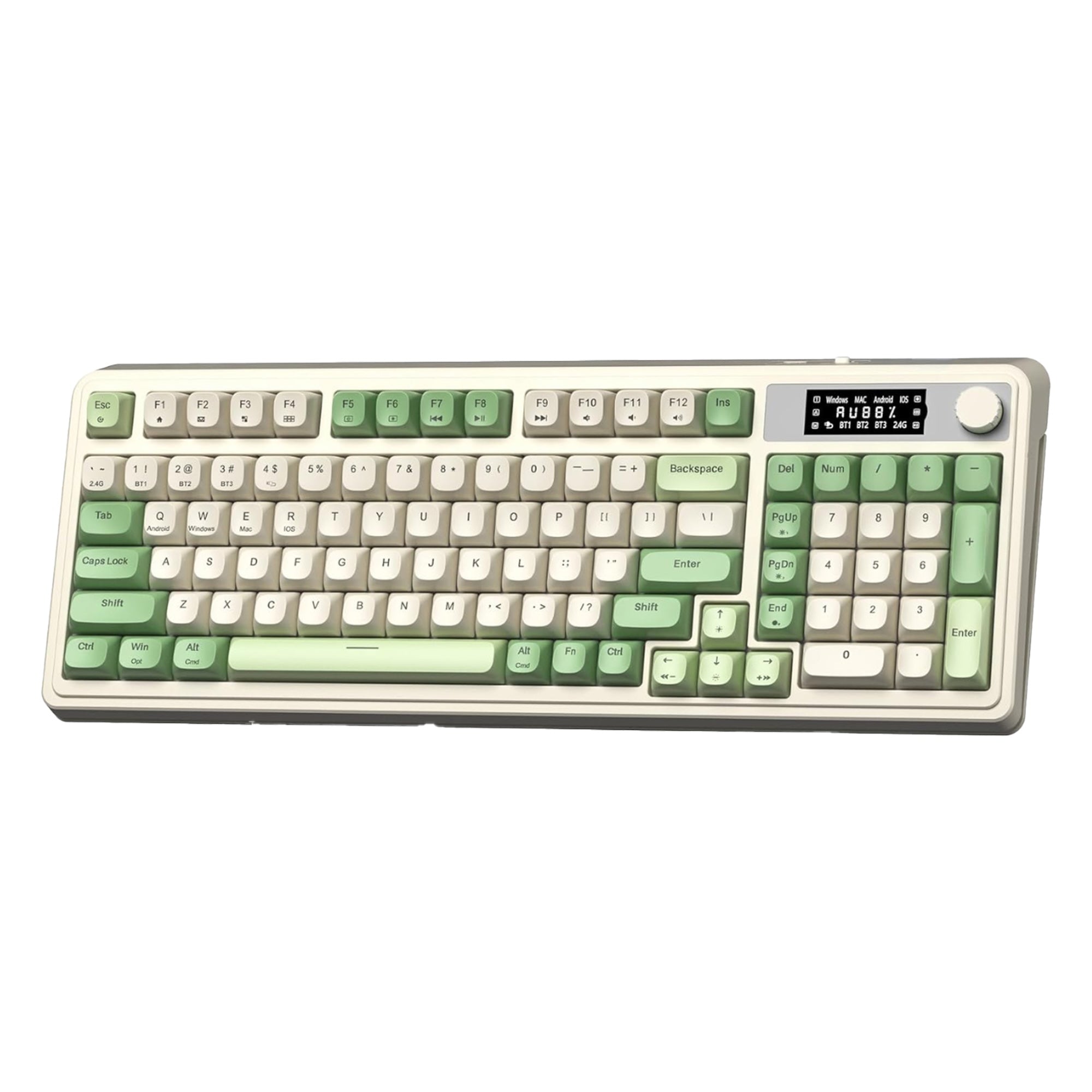 Mechanical keyboard with green and white keys on a white background
