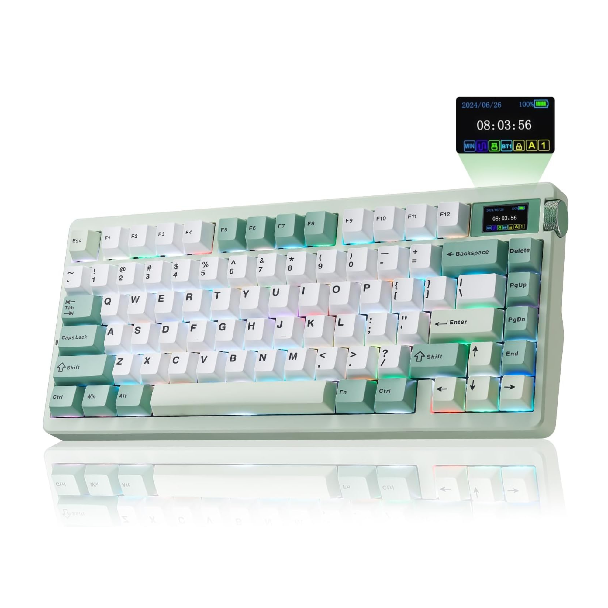 Mechanical keyboard with colorful green and white keycaps on a white background
