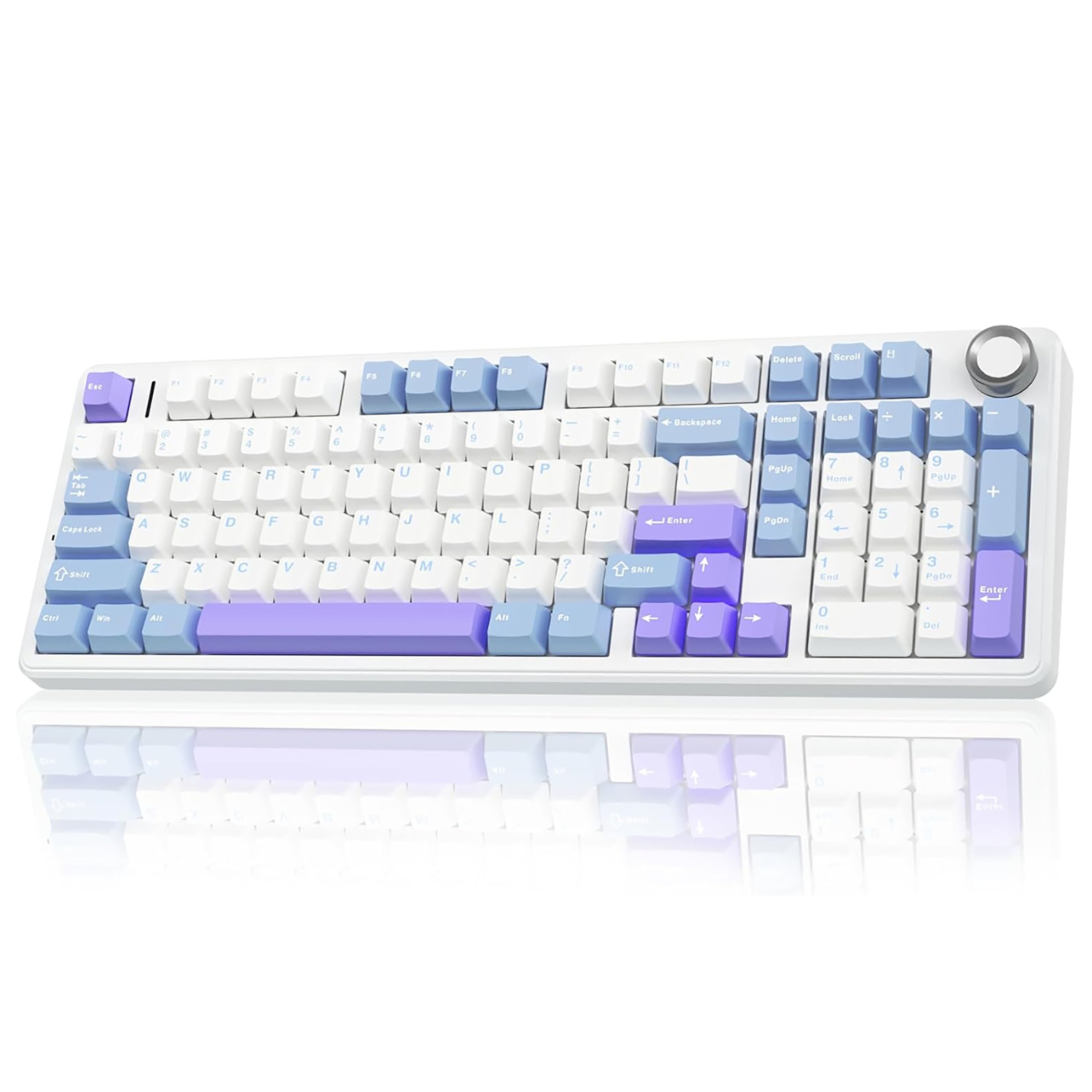 Keyboard with purple and white pastel-colored keys on a white background
