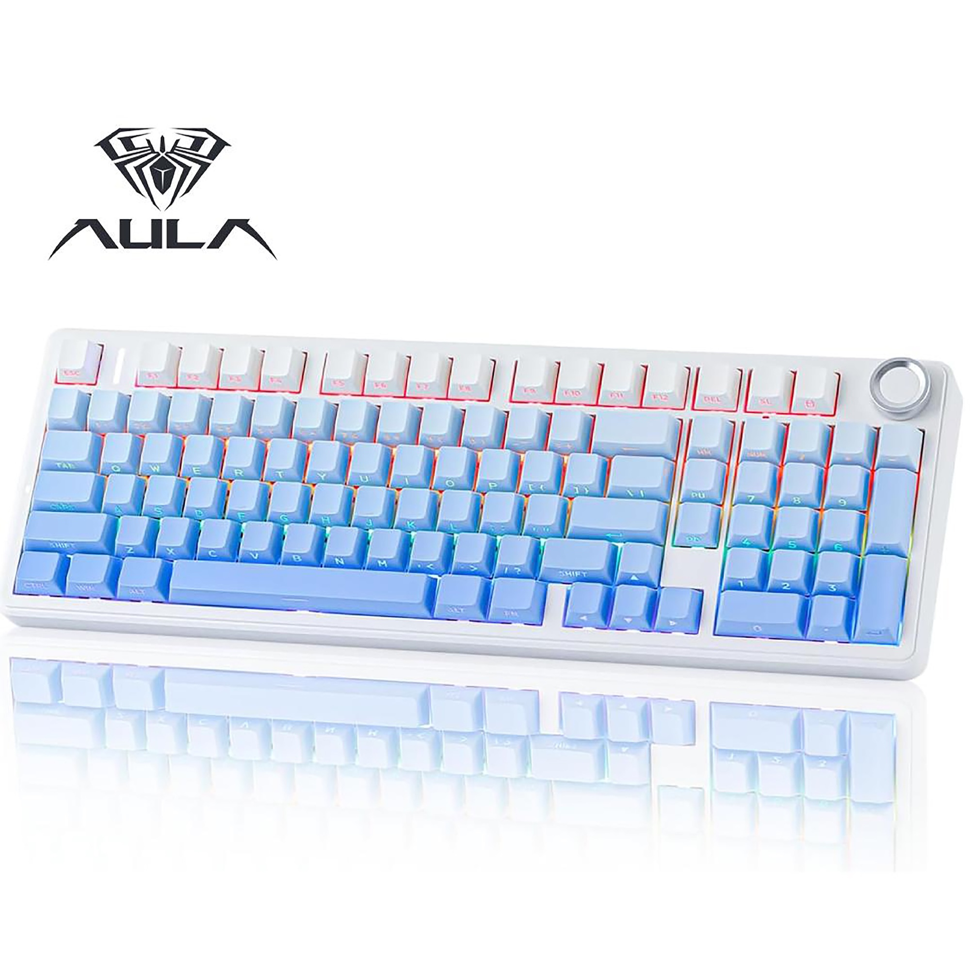 Keyboard with blue keys and white frame on a white background, featuring the AULA logo.
