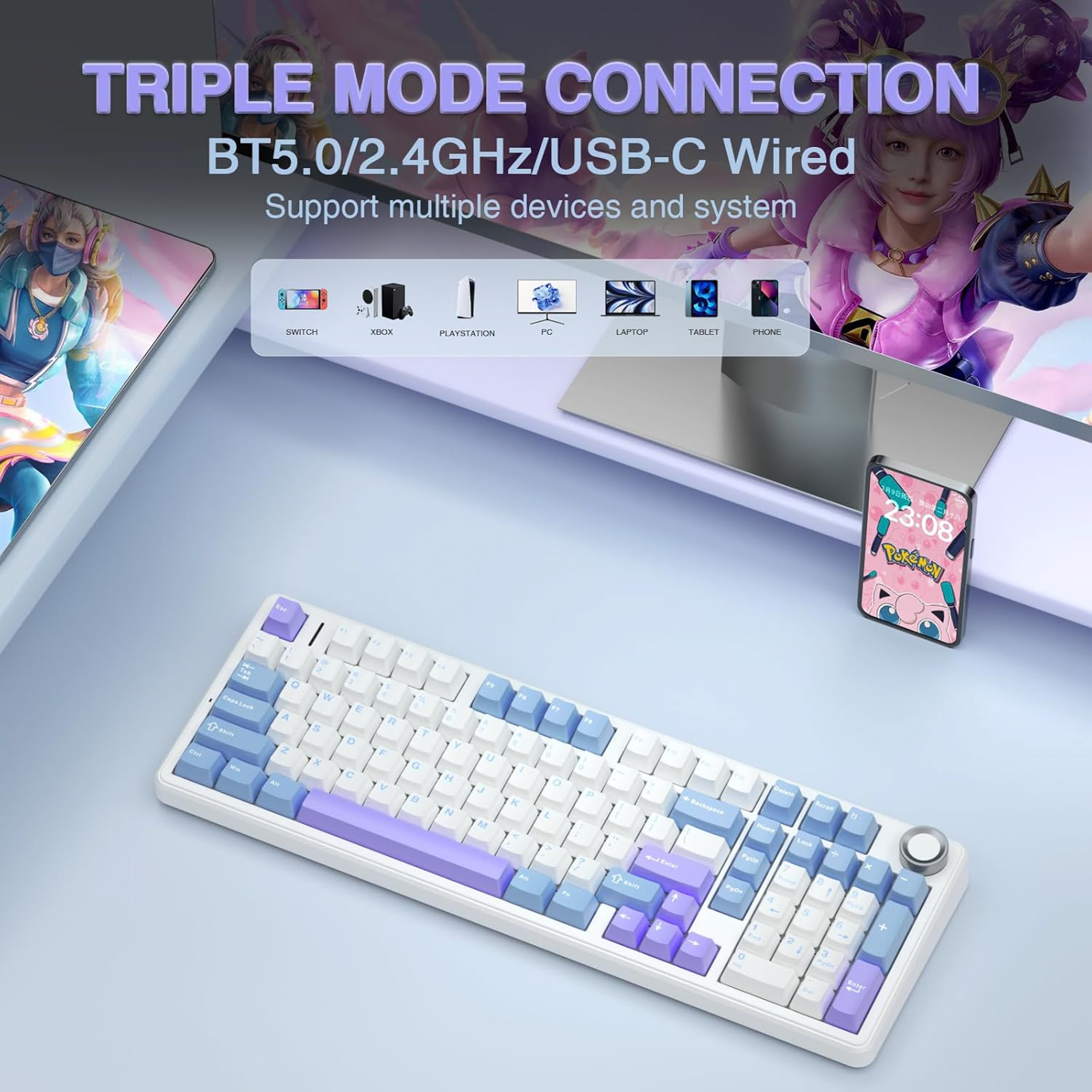 Keyboard with purple and white pastel-colored keys on a white background
