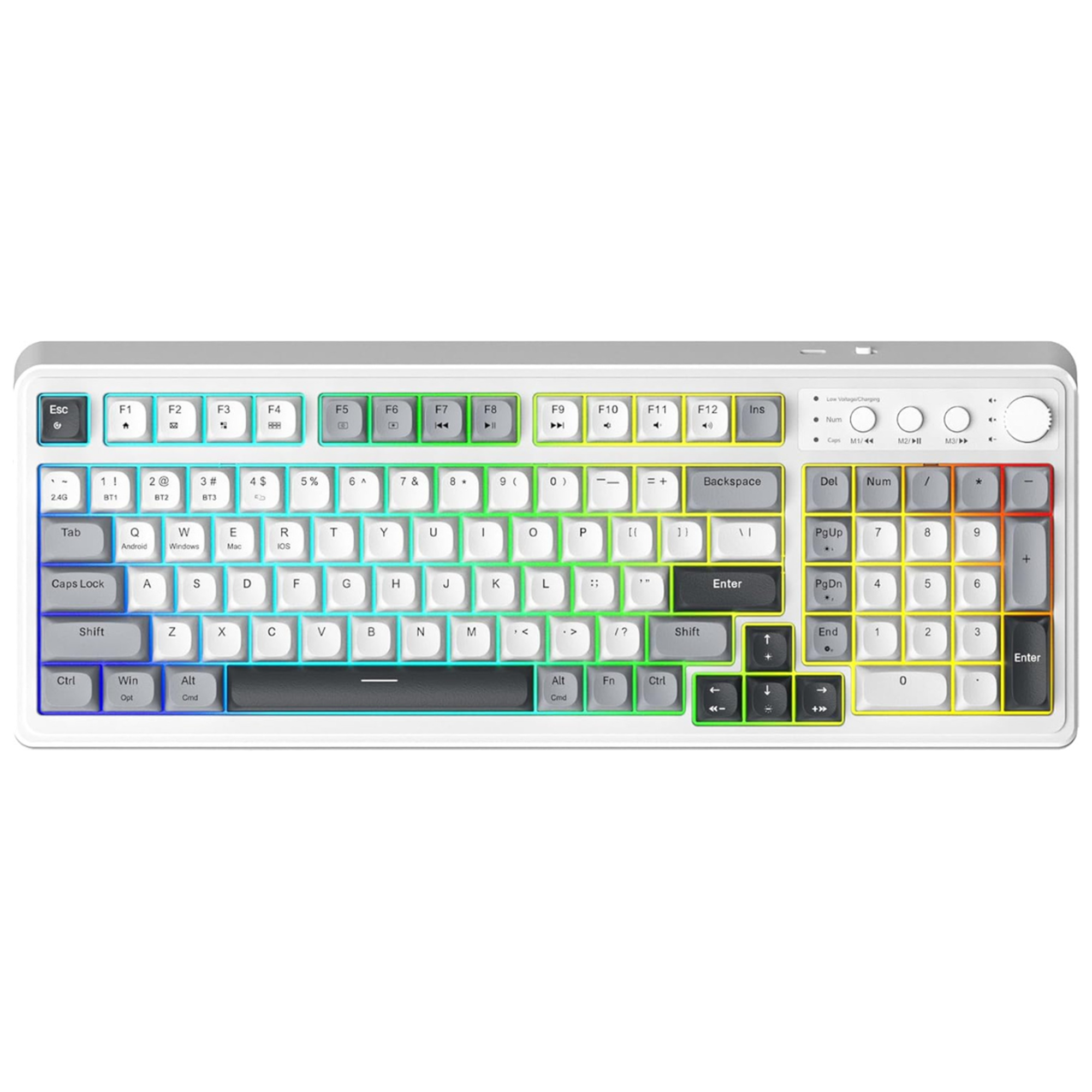 Colorful keyboard with labeled keys on a white background