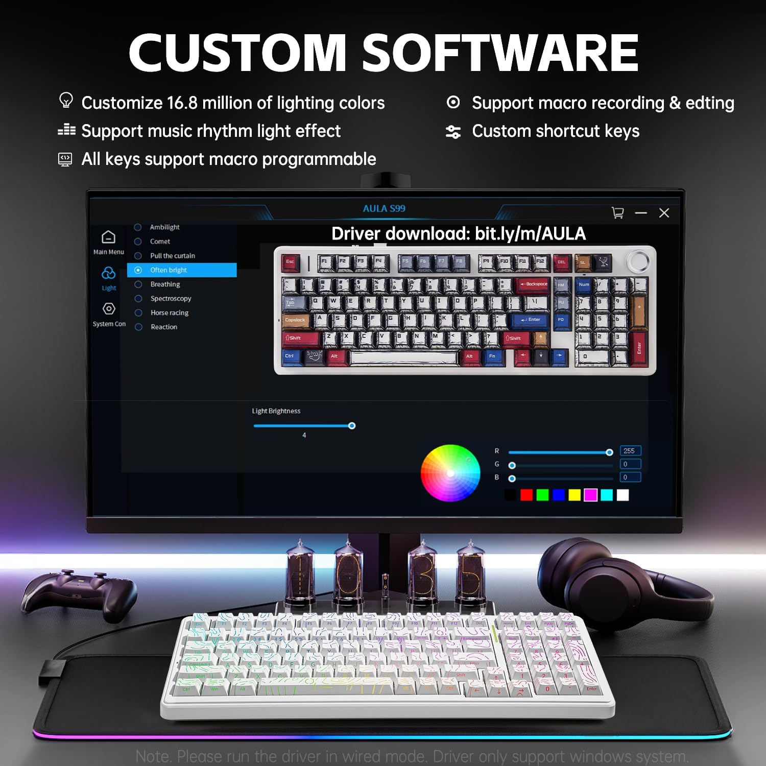Gaming keyboard with white frame and multicolor keys on a white background
