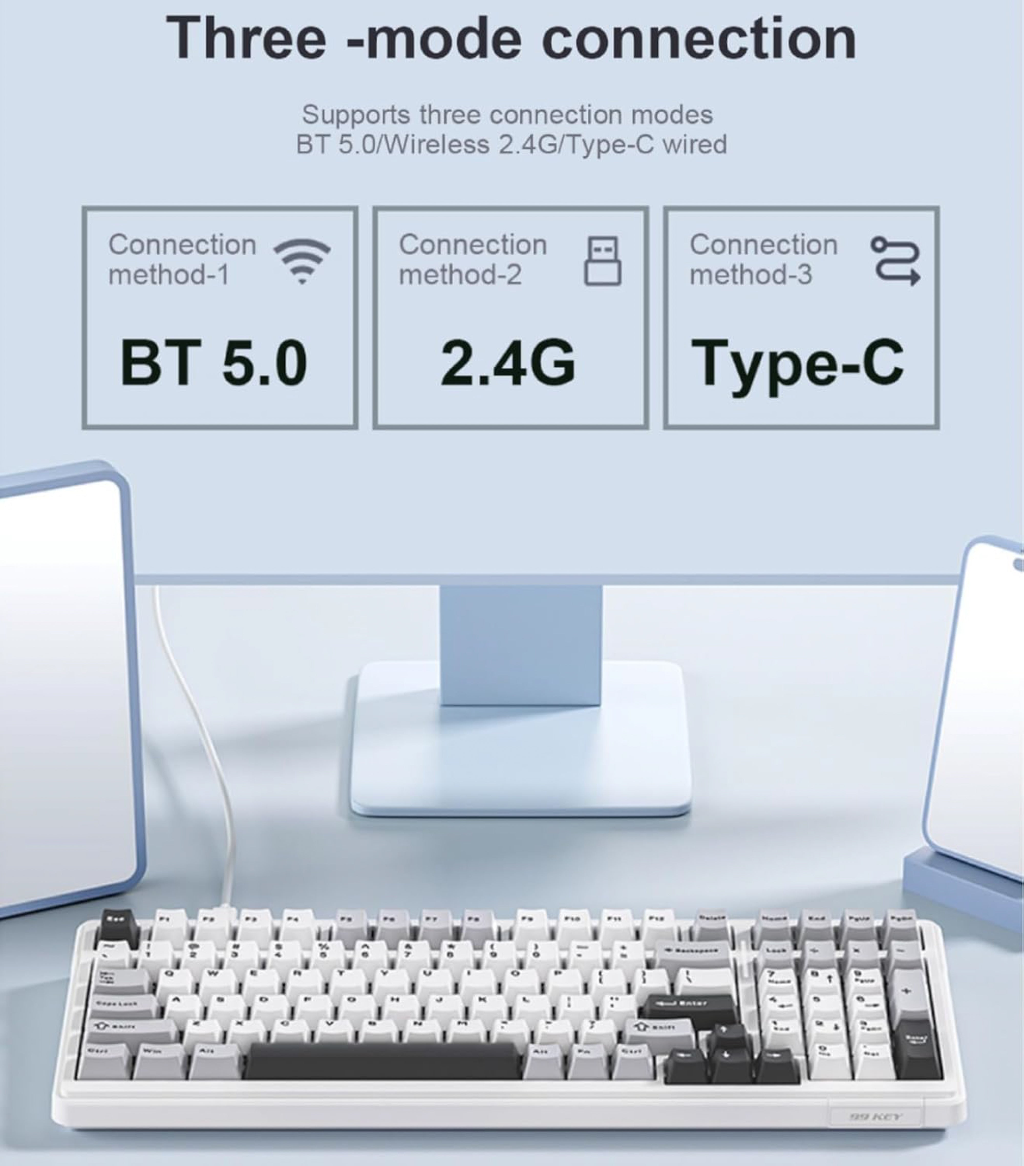 Black and gradient grey mechanical keyboard with RGB lighting on a white background
