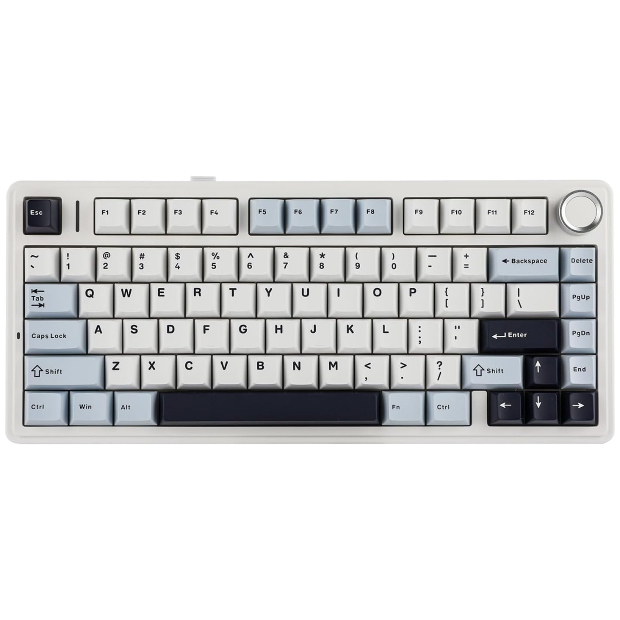 Mechanical keyboard with a white frame with blue gray keys on a white background
