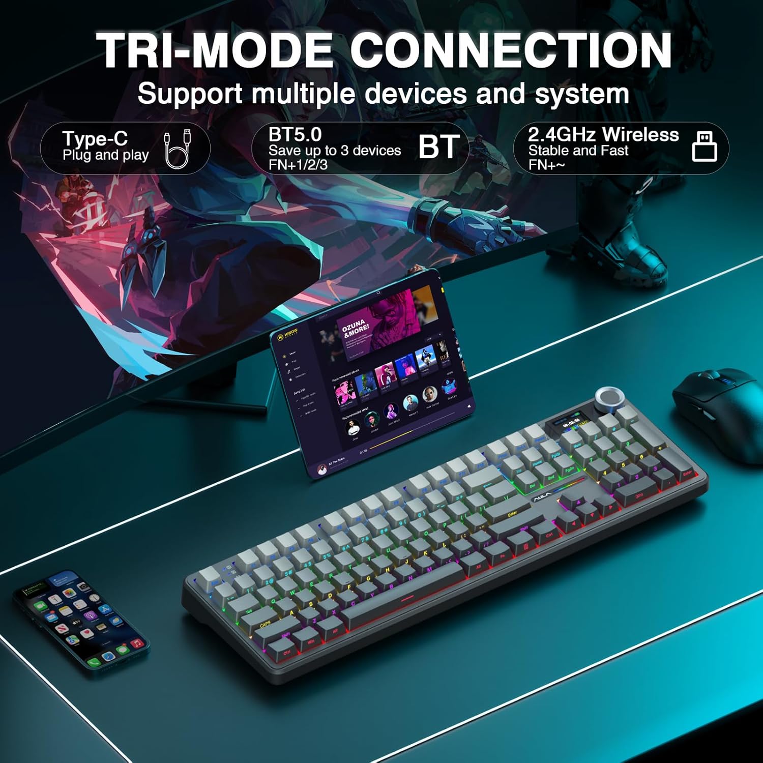Mechanical keyboard with RGB lighting on a white background