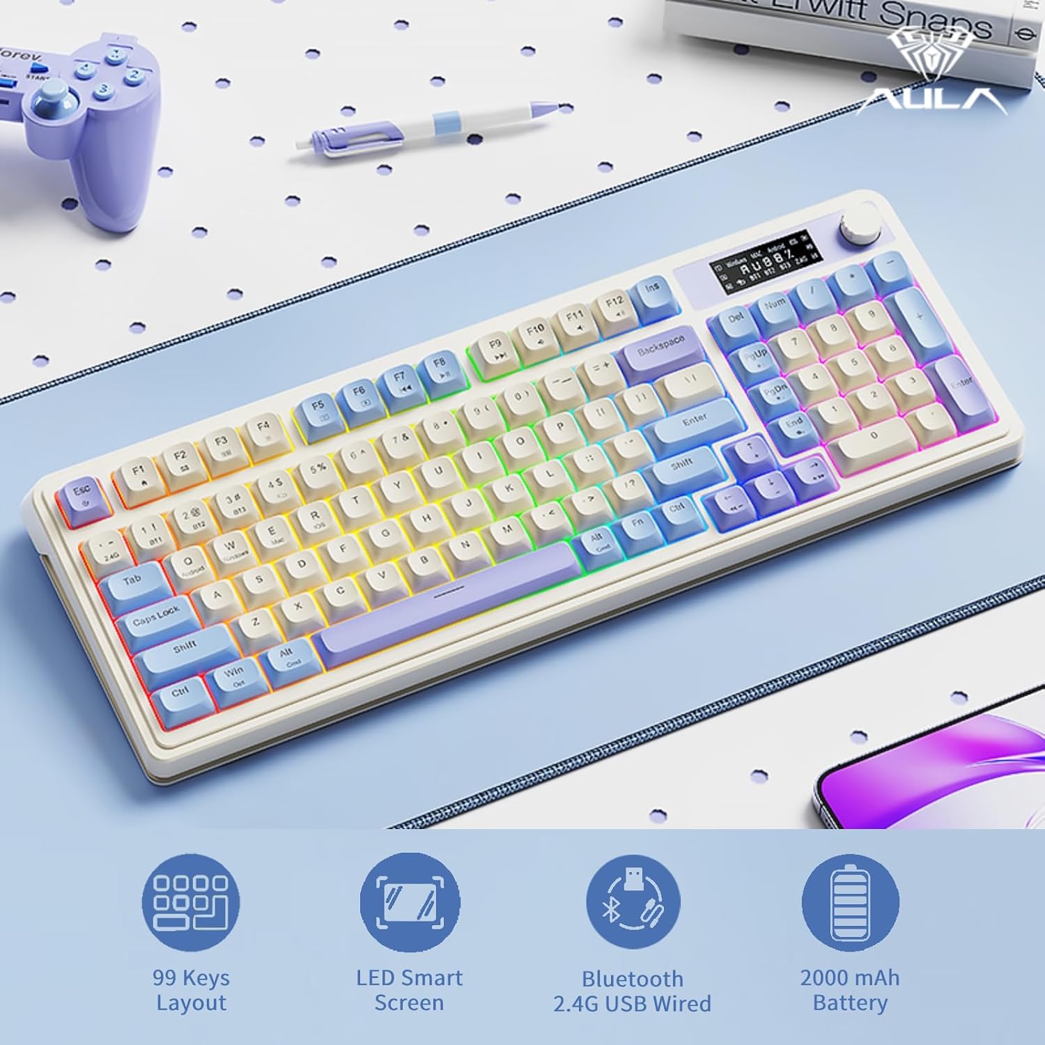 Colorful keyboard with LED smart screen on a light blue surface, surrounded by stationery items.