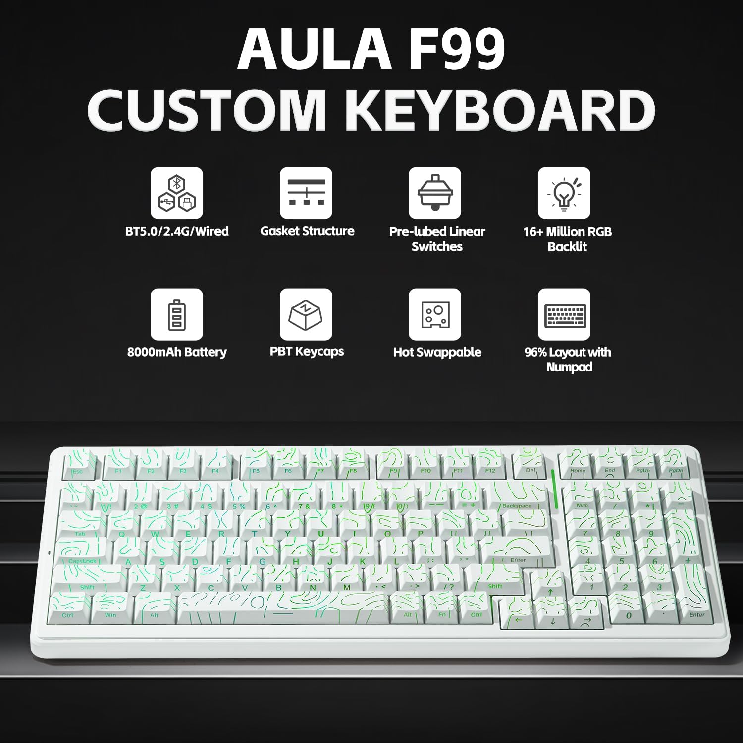 Gaming keyboard with white frame and multicolor keys on a white background
