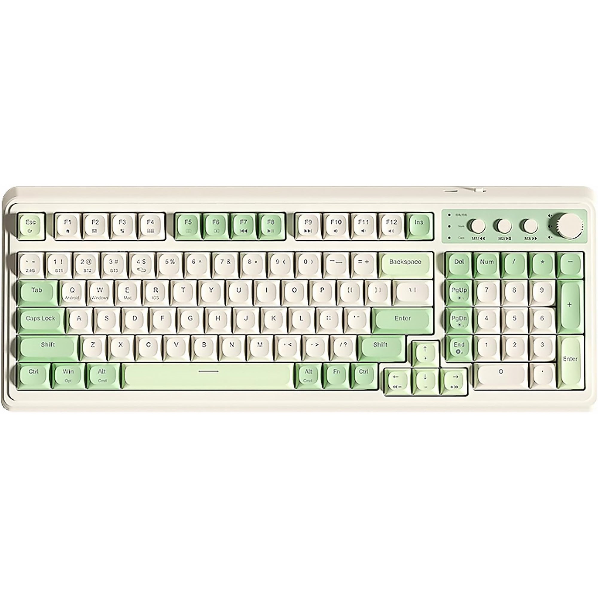Keyboard with green and white keys on a white background

