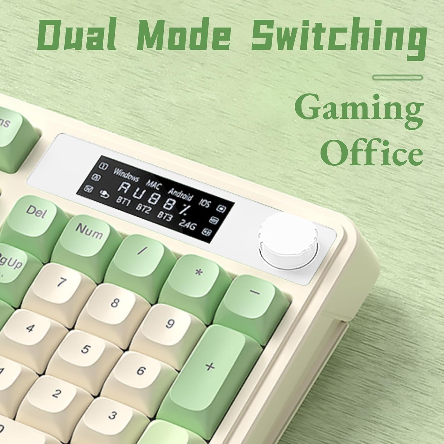 Mechanical keyboard with green and white keys on a white background
