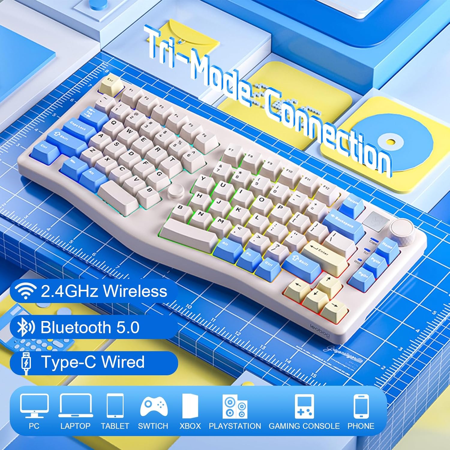 Colorful keyboard with RGB lighting on a white background