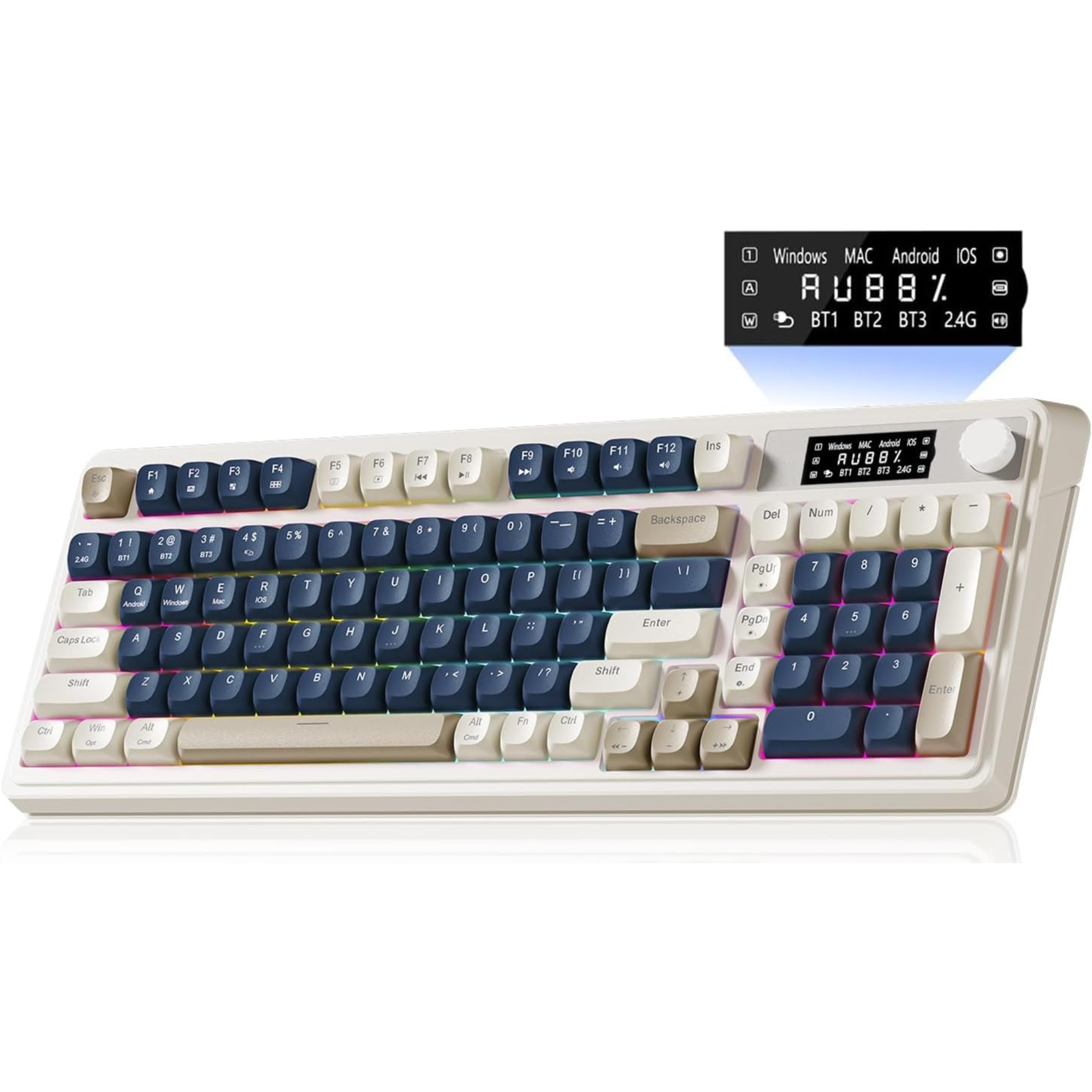 Mechanical keyboard with blue and white keys on a white background

