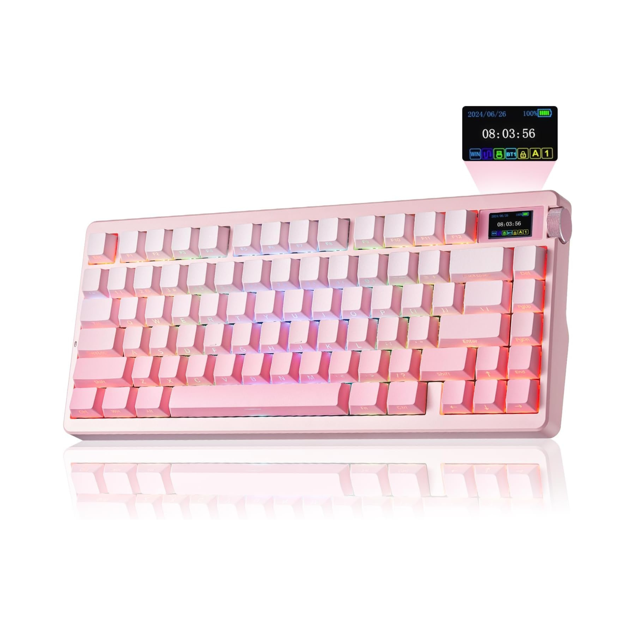 Pink mechanical keyboard with RGB lighting on a white background
