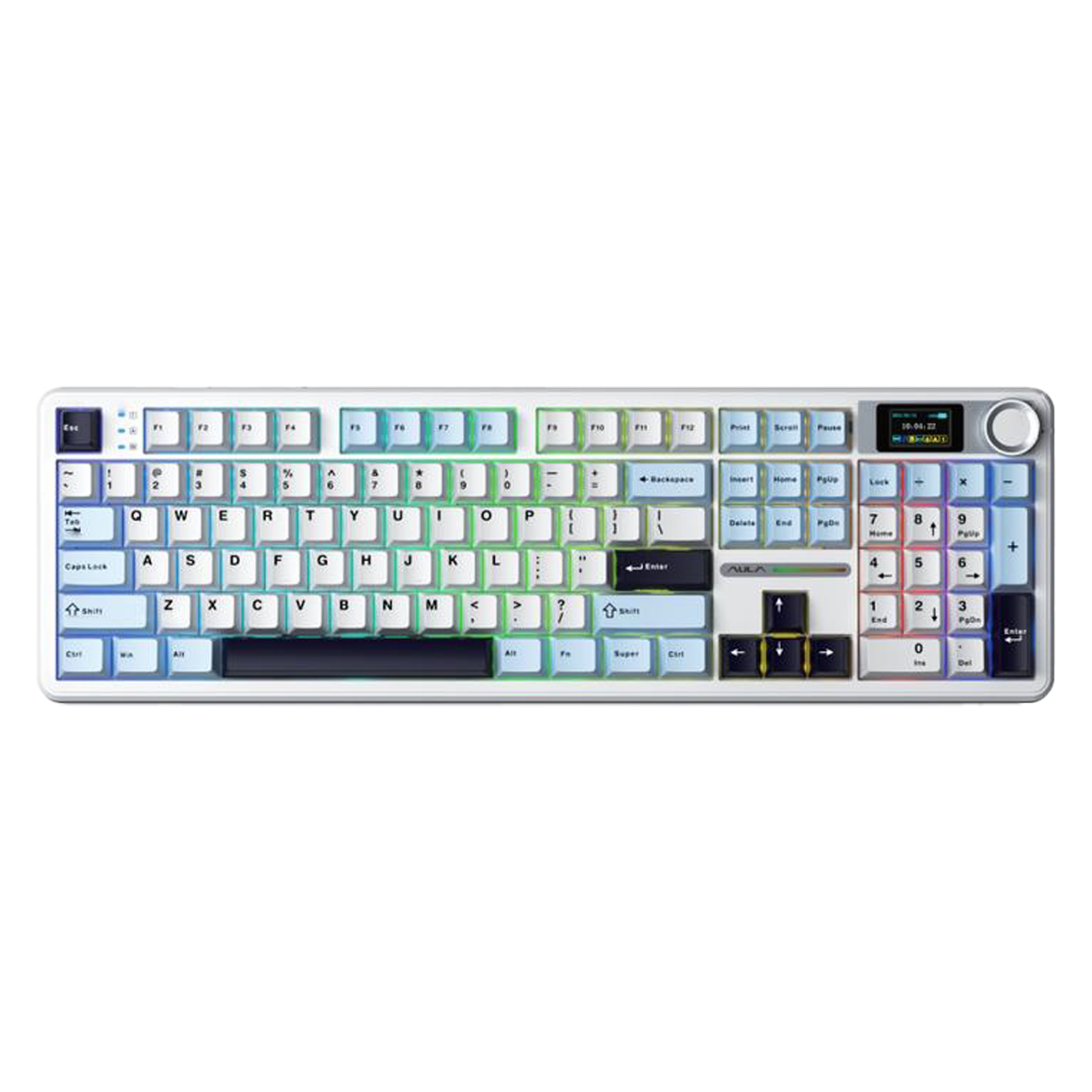 Keyboard with colorful keycaps on a white background
