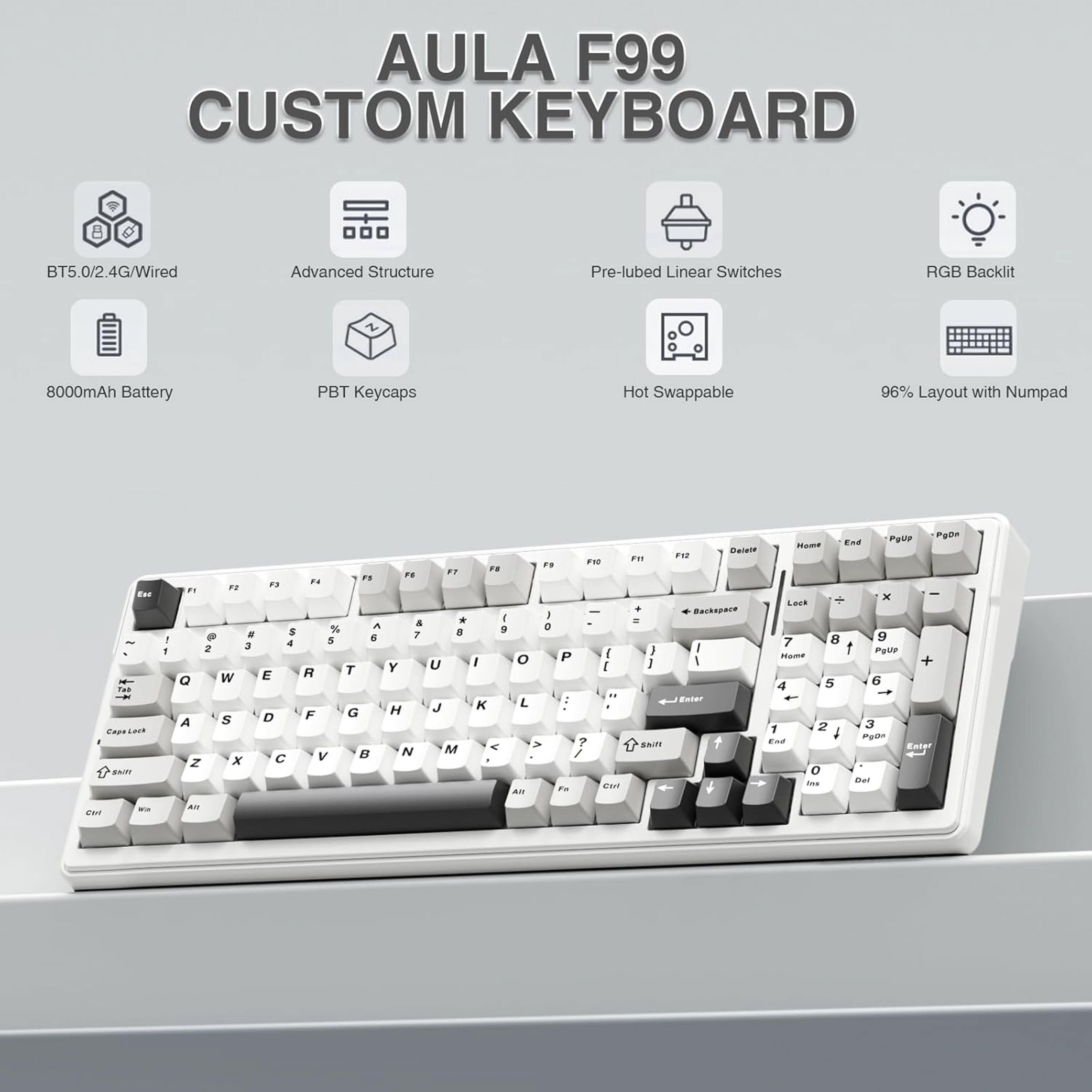 Mechanical keyboard with white and gray keys on a white background
